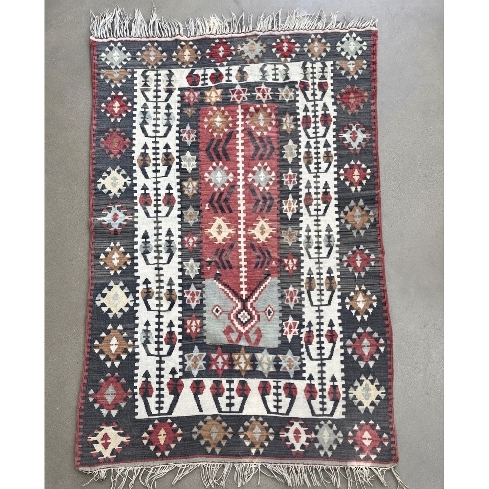 Hand Woven Wool Kilim Rug Geometric Tribal Flatweave Navy Red 46x70 Bohemian